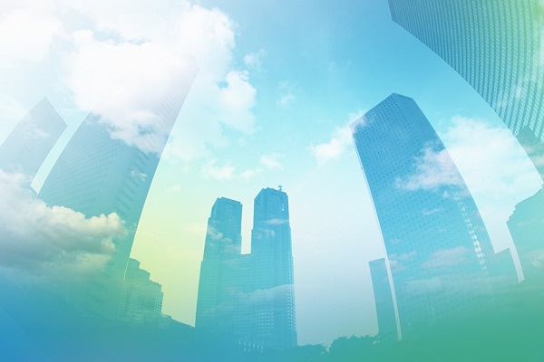 Grafika prezentująca wieżowce w stylu Frutiger Aero