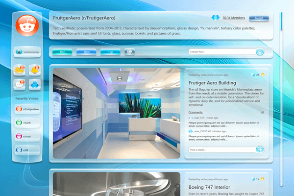 Screenshot portalu Reddit, przerobionego w stylu Frutiger Aero